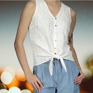 Michael Kors Crinkle Knit Eyelet V-Neck Sleeveless Button Down Tie Front Tank